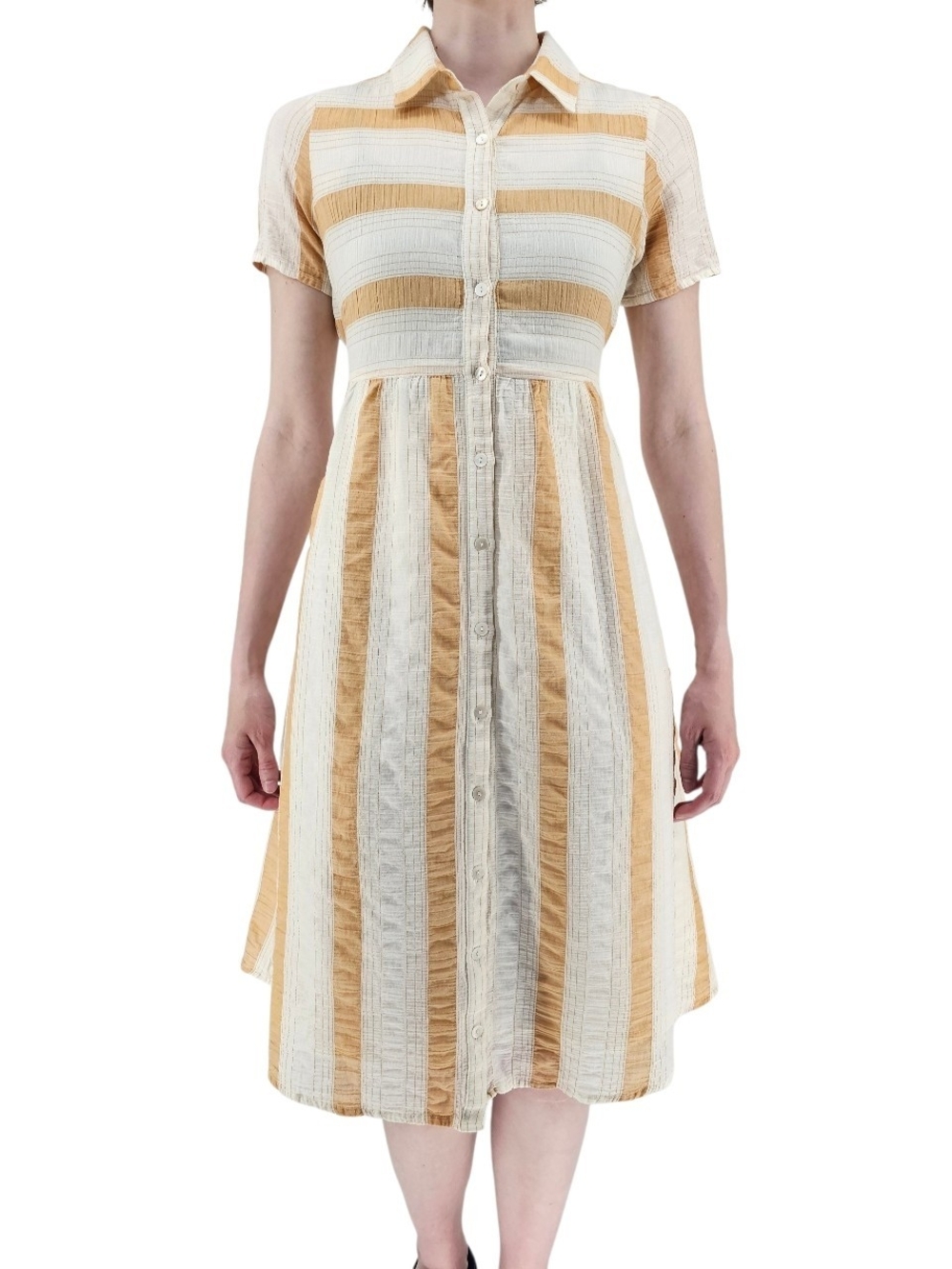 Striped Cotton Shirt Dress S Beige Cream Button Front Midi Cottagecore